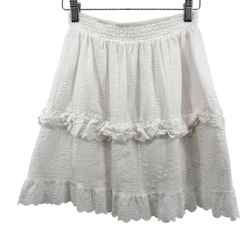 Princess Polly White Tiered Eyelet Lace Mini Skirt Smocked Waist Womens Size 6